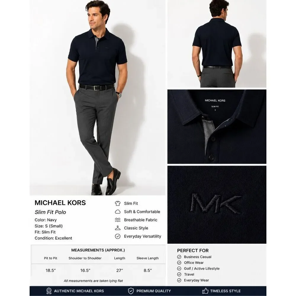 Michael Kors Polo Shirt Mens Small Navy Blue Slim Fit 100% Cotton NWOT Logo